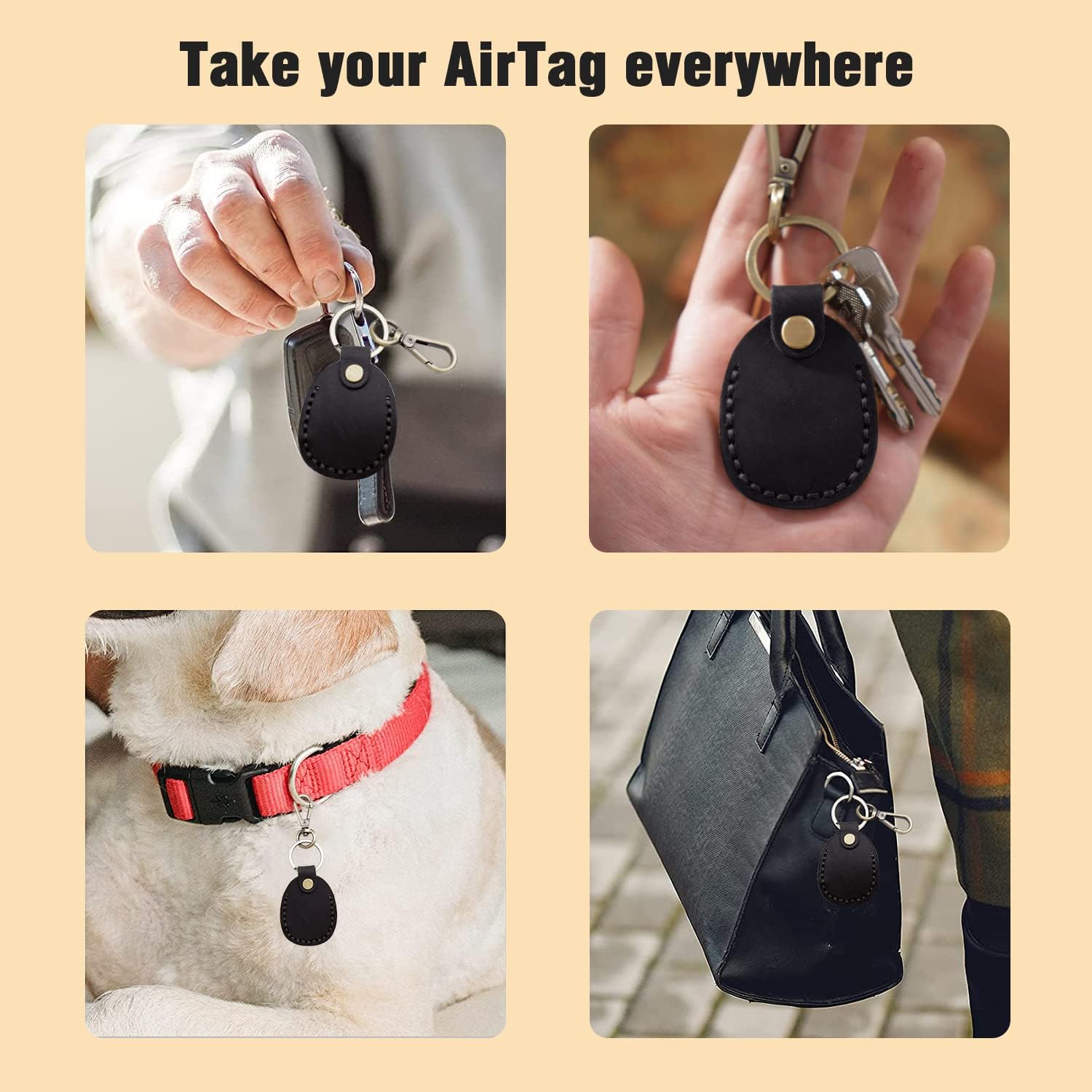 Genuine Leather AirTag Holder Compatible with Apple AirTag 2nd Gen & 1st Gen, Handmade Leather Air tag Keychain with Key Rings, Hidden Air tags Case Accessories - Black