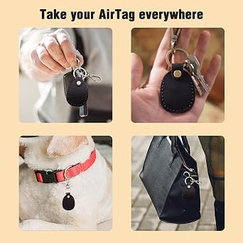 Genuine Leather AirTag Holder Compatible with Apple AirTag 2nd Gen & 1st Gen, Handmade Leather Air tag Keychain with Key Rings, Hidden Air tags Case Accessories - Black