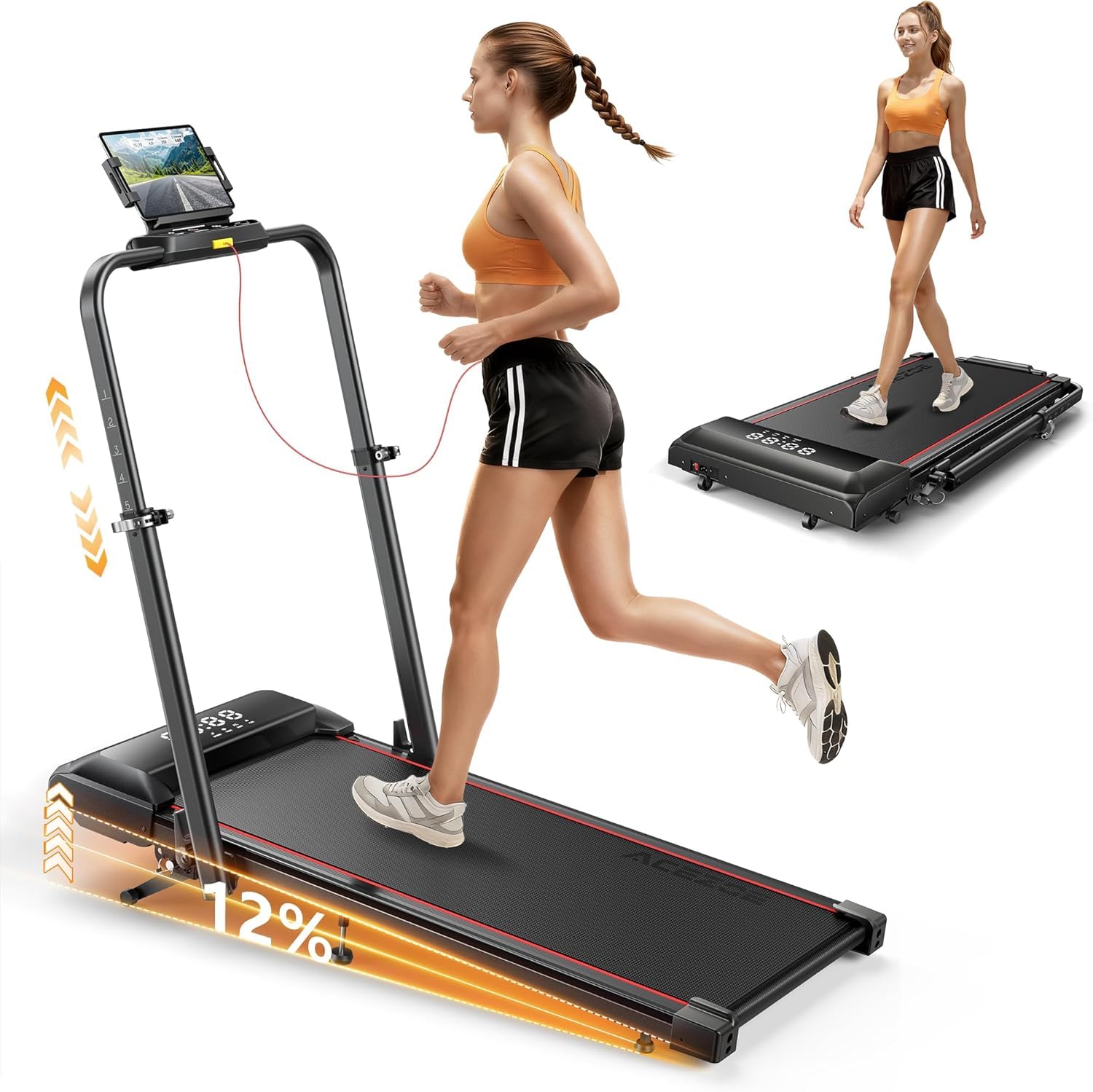 laufband für zuhause mit Neigung, 5 IN 1 Walking Pad mit 12% Steigung, 2.5HP Klappbar Laufband für Zuhause & Büro,2-LED-Anzeige,Bis 136kg Belastbar,Keine Installation