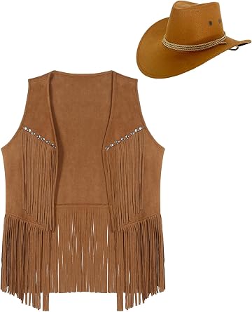 Cowgirl Costume, Womens, Faux Suede Tassel Vest, Open Front Jacket, Cowbo,