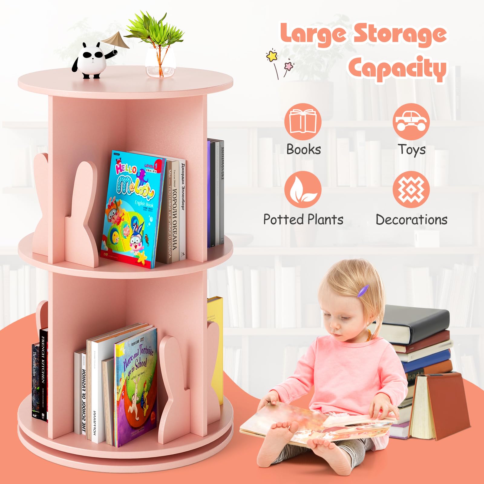 Costzon Kids Rotating Bookshelf, 360° Display Spinning Bookcase with Bookends, 3 Tier Floor Standing Book Tower Storage Rack, Corner Bookshelf for Small Space, Kids Room, Bedroom, Nursery (Pink)