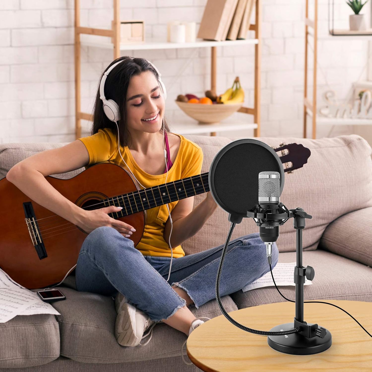 BILIONE Upgraded Desktop Microphone Stand, Adjustable Mic Stand Desk with Pop Filter, Shock Mount, Microphone Clip, 5/8" to 3/8" Metal Screw Adapter : Musical Instruments