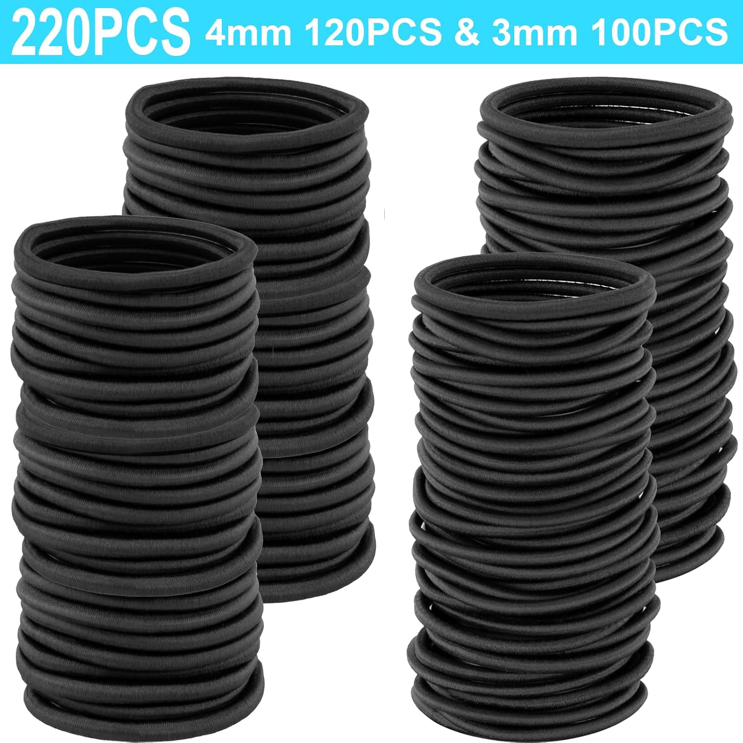 YXYL Hair Ties - 220 PCS Black Hair Ties, Premium Elastic Hair Bands for Women Men Ponytail Holders, Hair Elastics Tie for Medium Thick Curly Hair, 120PCS 4mm, 100PCS 3mm