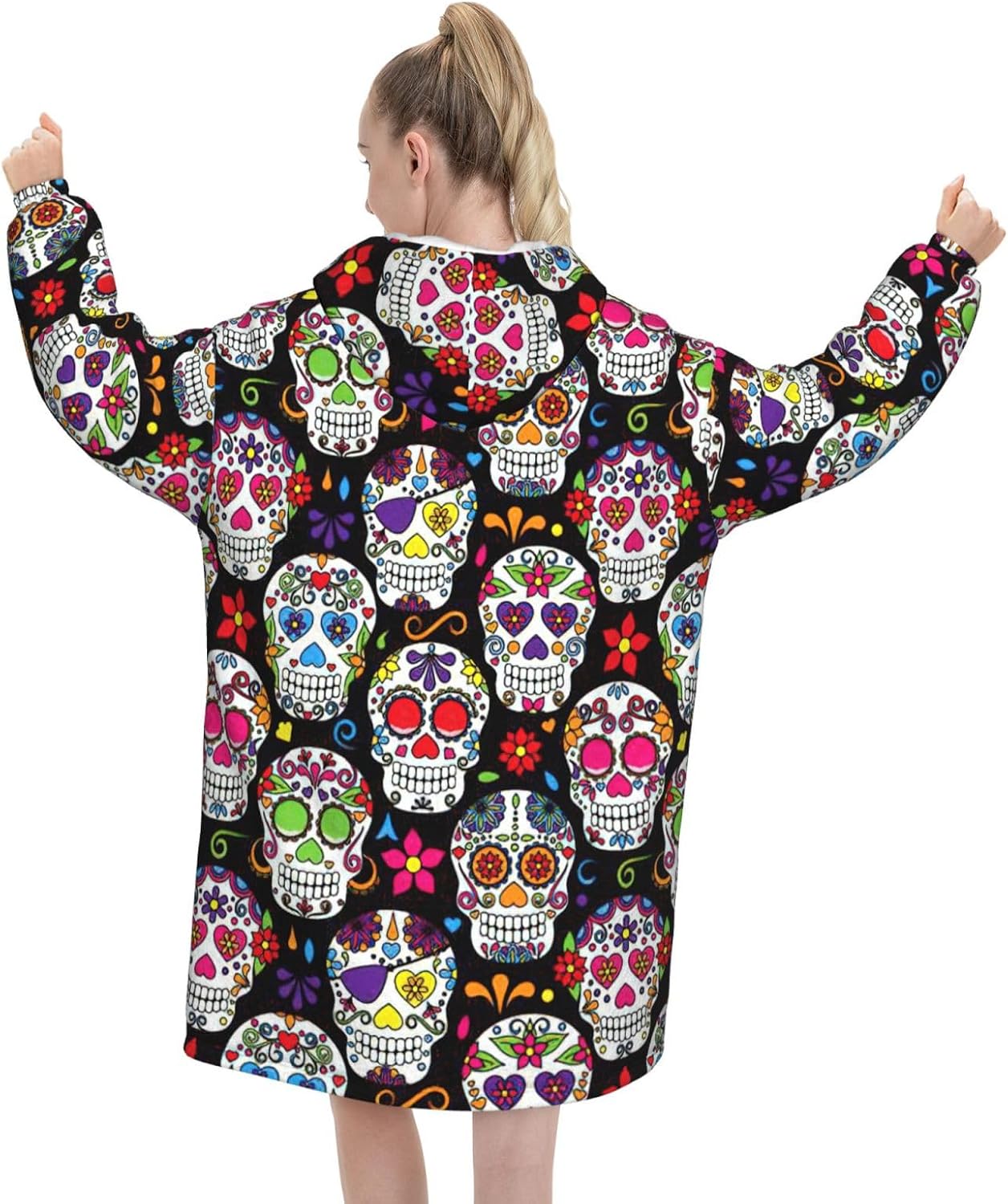 Colorful Flower Skullsprint Oversized Hoodie Blanket, Super Soft Warm Comfortable Hoodie, Wearable Blanket Adult