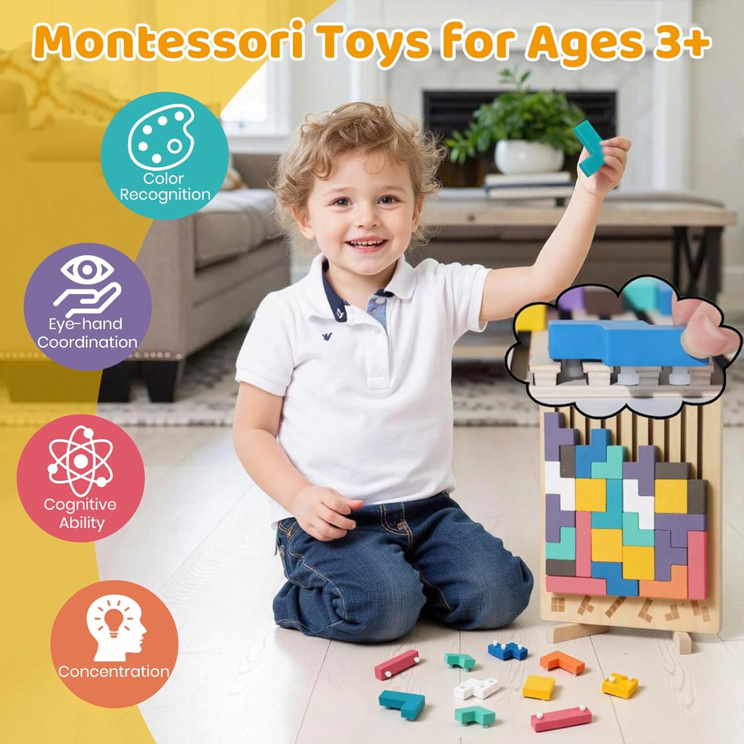 Wooden Blocks Puzzle Montessori Toys - 3D Color Stack Game Puzzles for Kids Ages 4-6, Russian Jigsaw Stacking Blocks for Boys & Girls Brain Teaser Puzzles Learning Board Games Educational Gift
