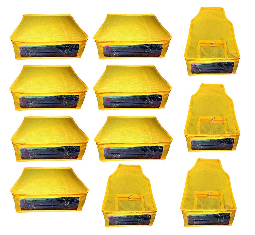 Atorakushon Fabric Combo Saree Cover Blouse Clothes Storage Bag Wedding Wardrobe Organiser Set of 11 (Yellow)