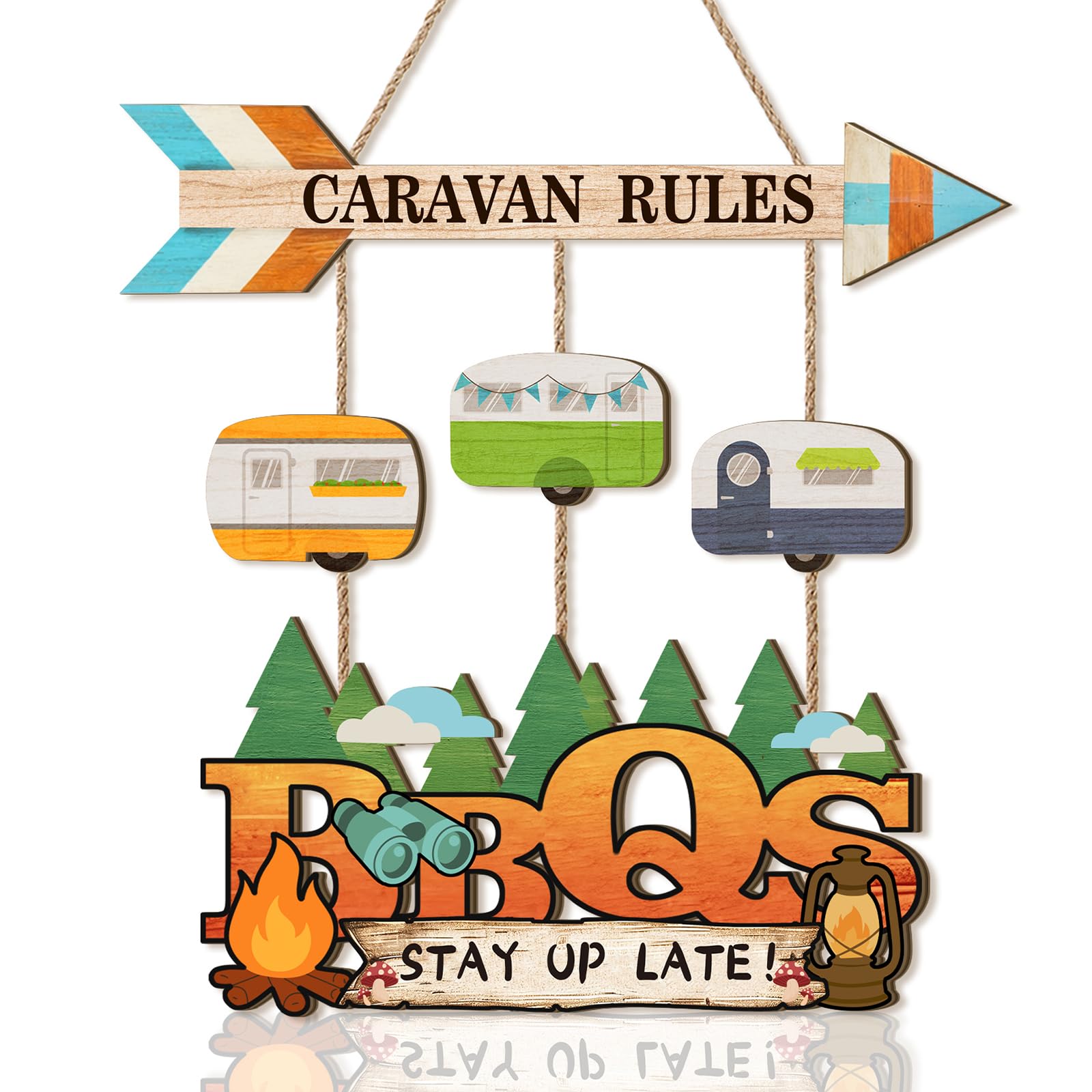 ANHUIB Caravan Rules Signs BBQs Wooden Signs Camping Wall Plaque with BBQs & Stay Up Late Quote Fun Camping Wall Decor Camper Accessories Decor Sign for Campsite Outdoor Garden Camping Lovers Gift