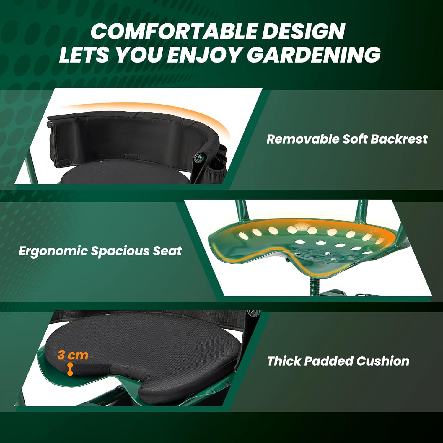 Giantex Garden Cart, Rolling Workseat with 4 Wheels, Tool Tray, Removable Cushion, Storage Basket, 2 Handles, Adjustable Height & 360 Swivel Work Seat, Gardening Stool for Patio Lawn Garden Yard