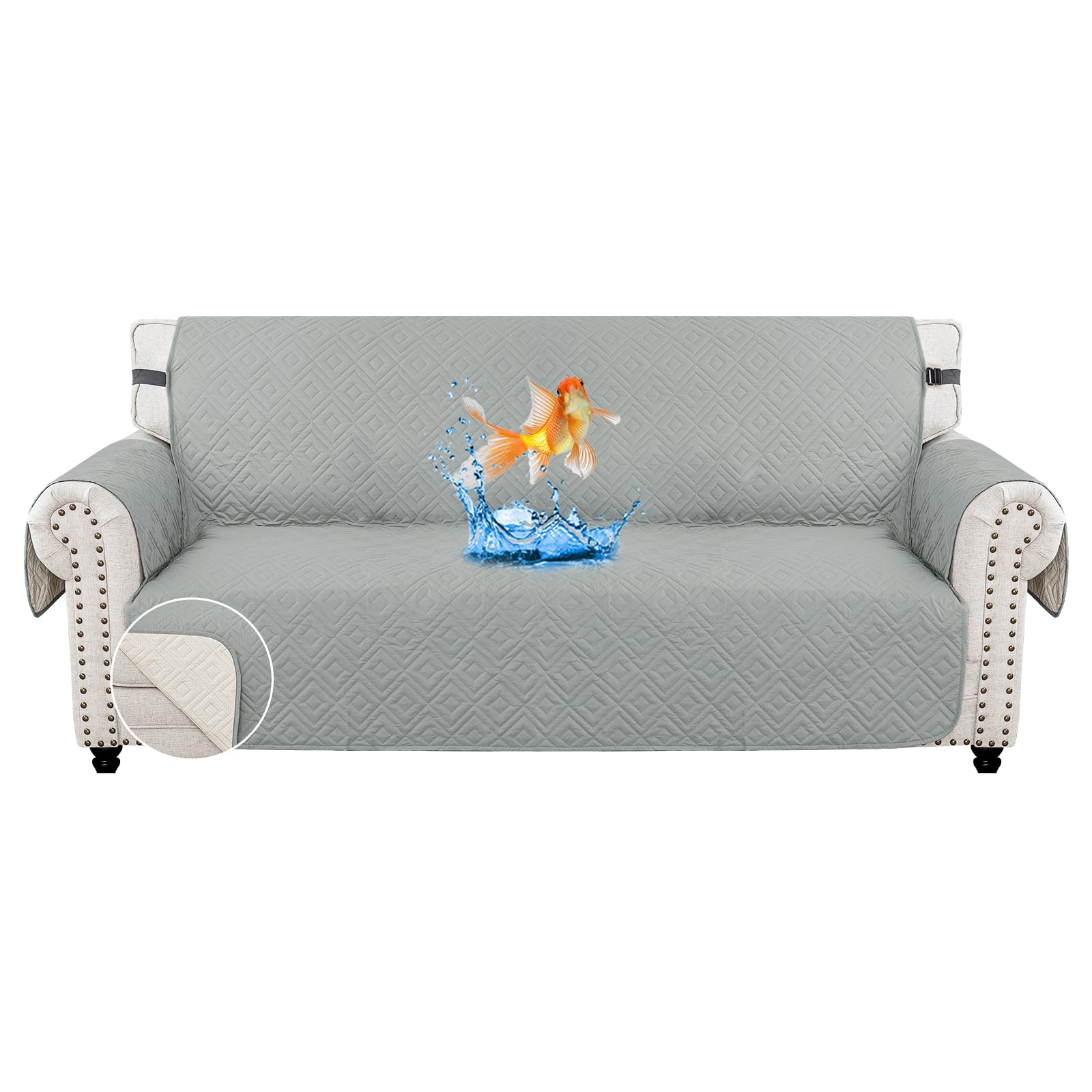 MAXIJIN Sofa Covers Waterproof Sofa Slipcovers Non-Slip 3 Seater Sofa Protectors with Elastic Straps Reversible Universal Couch Covers for Dogs, Pets, kids (Light Grey, 3 Seater)