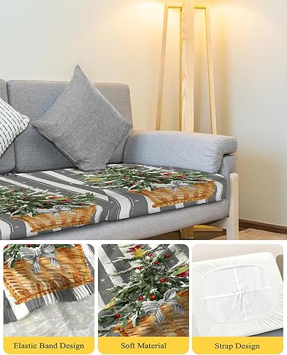 Miniatura 4 de Grey Christmas Couch Cushion Covers, Stretch Sofa Cover with Elastic Bottom, Xmas Tree Balls Snowflake Gray Striped Sofa Slipcovers Protector