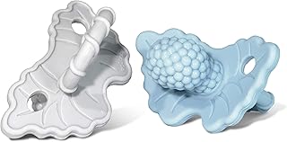 RaZbaby RaZberry Silicone Teether Pacifier – Teething Relief for Infants 3m+, Food-Grade, BPA-Free, Hands-Free, Natural Berrybumps Fruit Texture for Sensory Development, Freezable 2-Pack, Blue & Grey