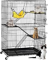 Yaheetech 49'' 4-Tier Collapsible Cat Cage Kennel with Ramp, Ladders, Hammock & Locking Casters for Cats, Ferrets, Chinchillas