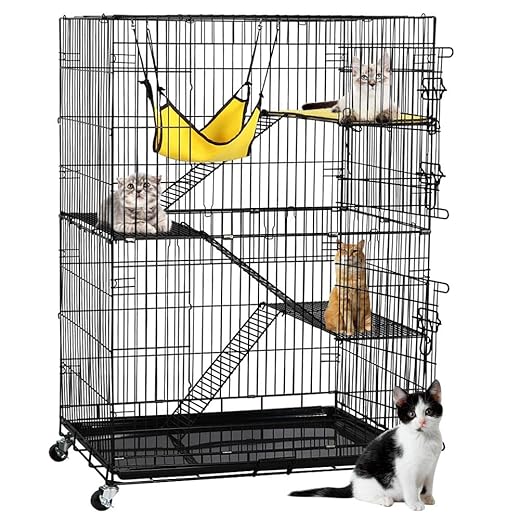 Yaheetech 49'' Collapsible Cat Cage 4-Tier Metal Cat Kennel Ferret Enclosure Chinchilla Cage with Rotating Casters/Ramp/Ladders/Hammock for Indoor Kitten
