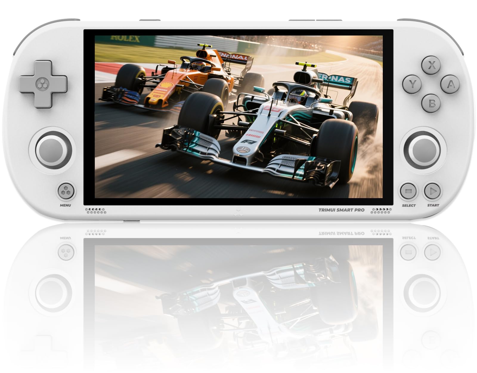 TRIMUI Smart Pro - Console da gioco portatile, batteria da 5000 mAh, 64 GB, memoria interna da 10.000 giochi, sistema Linux, schermo IPS HD da 5 pollici, design RGB Dual Joystick (bianco, 64 g)
