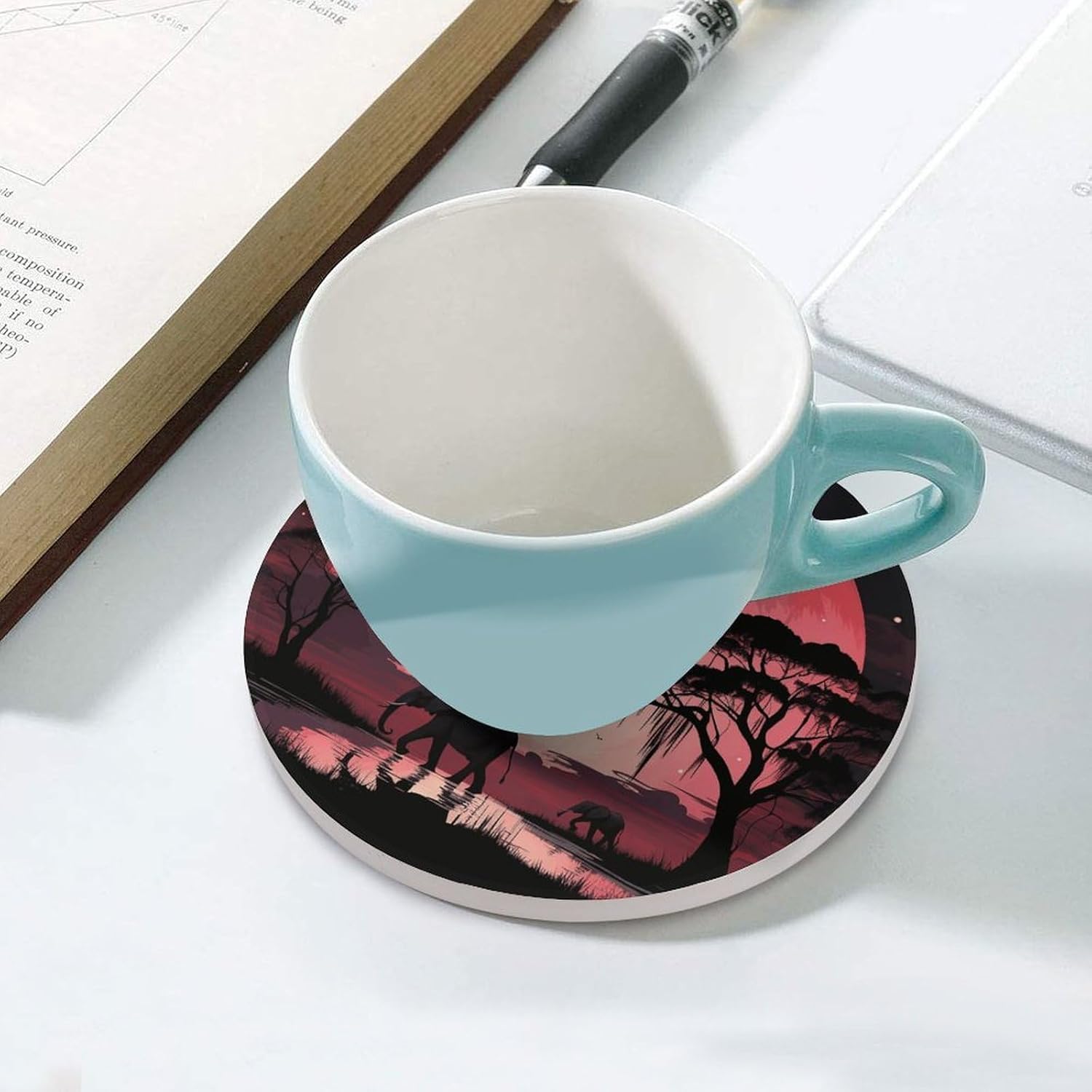 Pink Moon Elephant Coaster with Cork Base Drink Coasters for Coffee Table Decor Modern Cup Coasters with Non-Slip & Heat-Resistant Cute Ceramic Table Coaster for Home Dining