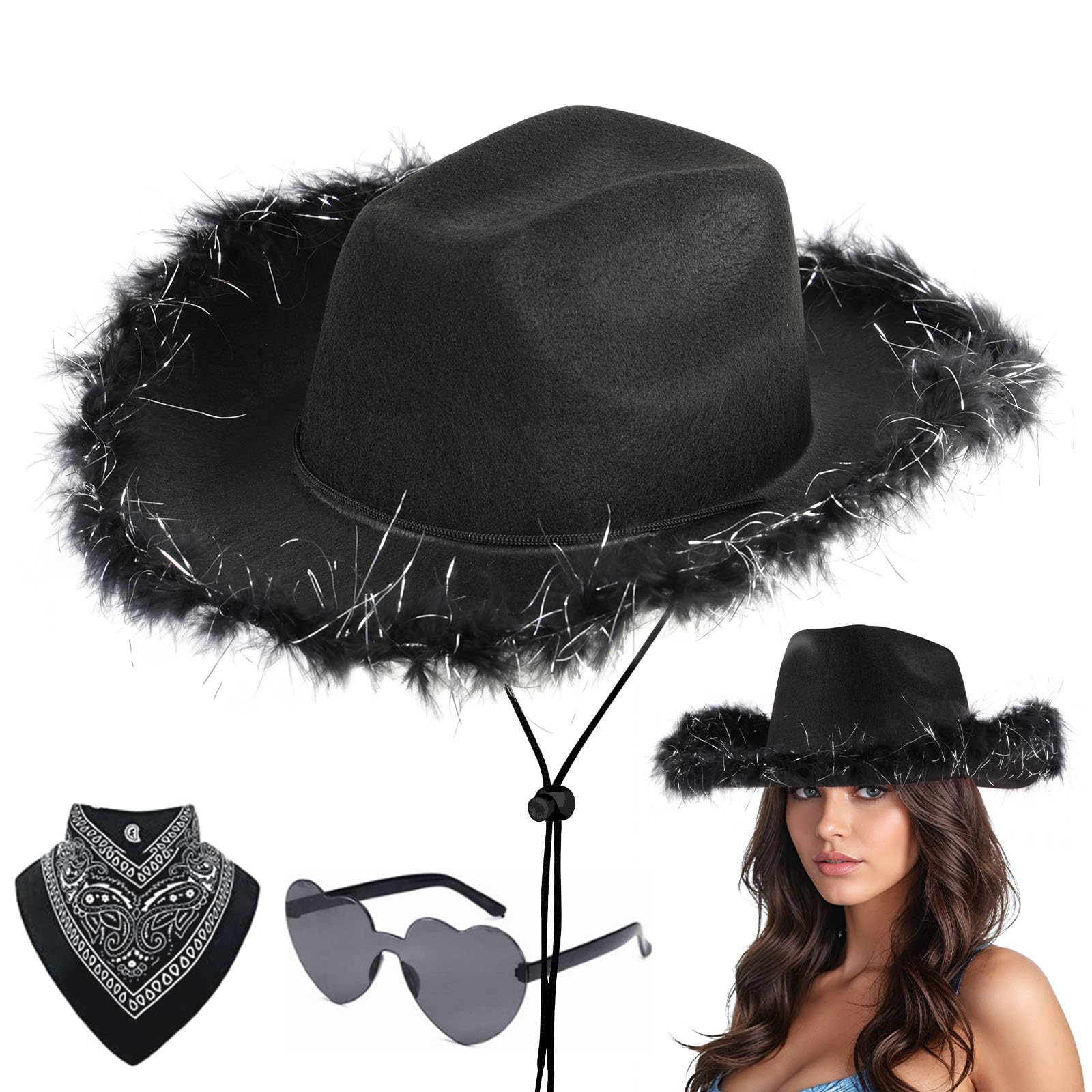 Aomig CowboyHut Damen Herren Fashion Westernhut Cowboyhüte Cowgrilhut Rockstar Randlose Hippie Herzförmige Brille Halstuch Wilder Westen Party Brillen Geburtstagsfeier Fasching Karneval Kostüm Party-A