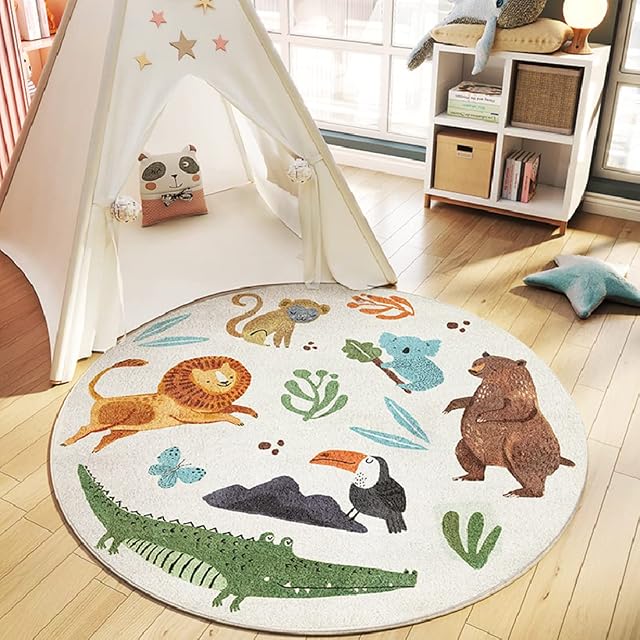 Joydec Kids Round Rug, Cartoon Cute Animal Jungle Circle Rugs Soft for Boys and Girls Children Bedroom Playroom Living Room, Round 80x80cm