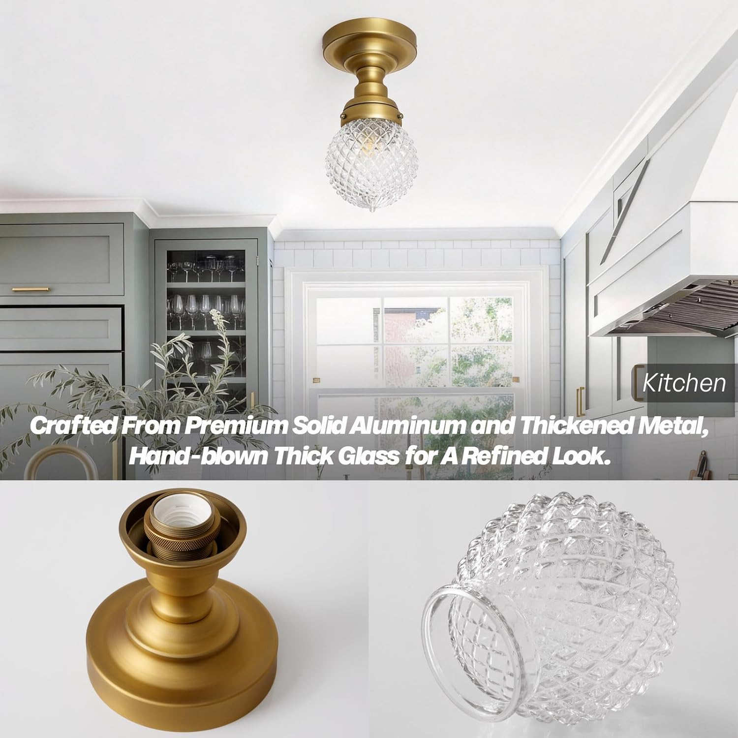Schoolhouse Semi Flush Mount Ceiling Light, Brass Gold Close to Ceiling Light Fixtures with Hand-Blown Glass Shade Modern Hallway Ceiling Lamp for Laundry Entryway Kitchen Bathroom E26