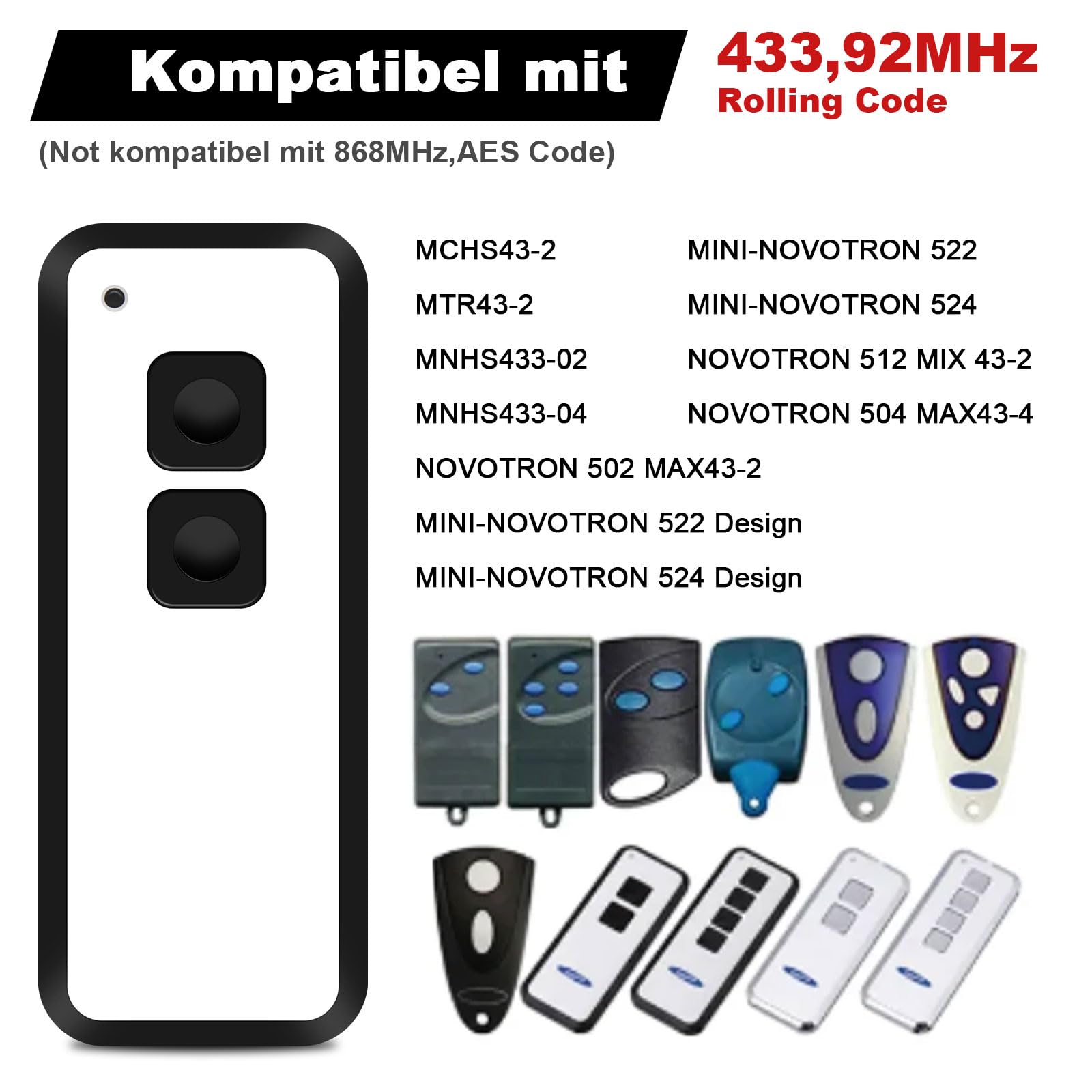 Handsender für Novoferm, 433,92MHz Garagentor Fernbedienung für Novotron 522, 524, 502 MAX43-2, 512 Mix 43-2, 2 Kanal, 2er Pack