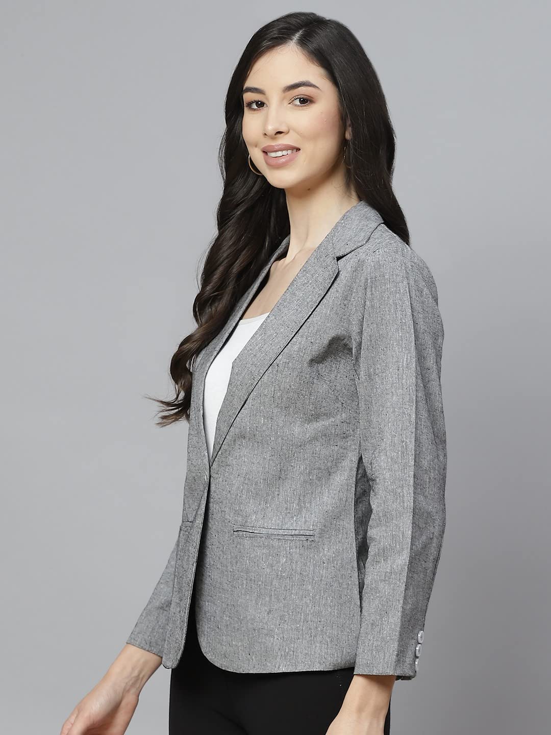 Cottinfab Women Grey Solid Regular Fit Single Breasted Blazer 2