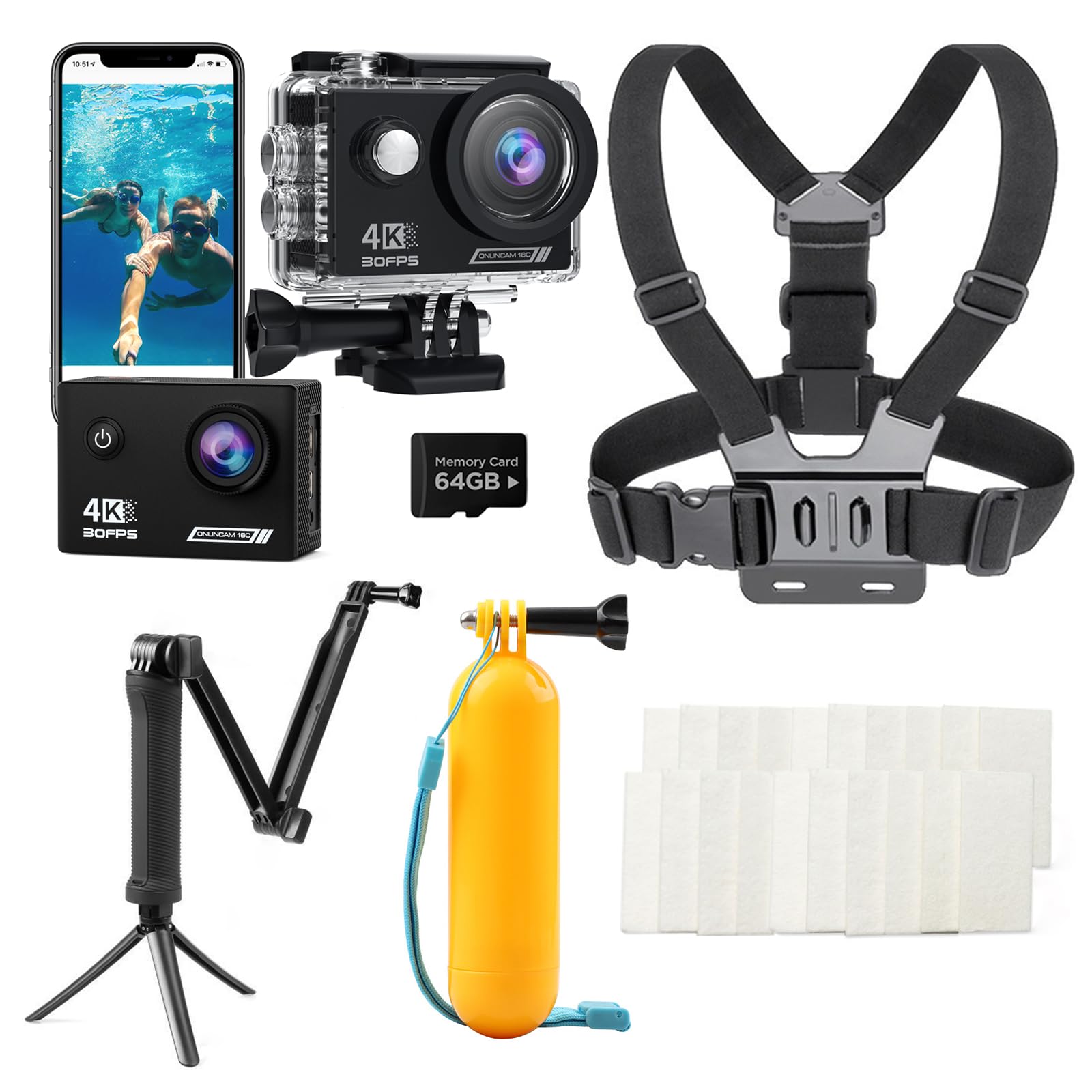 4K Action Camera with Floating Handle Grip/Selfie Stick Tripod Kit 2-in-1/Chest Harness/20*Anti Fog Inserts Drying