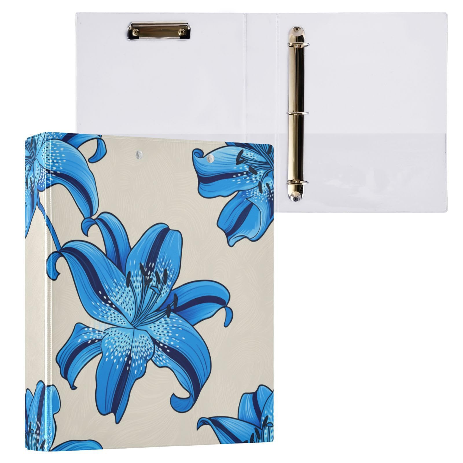 Raccoglitore a tre anelli con motivo floreale blu e beige, 3,8 cm, flessibile, con tasche, 3 raccoglitori ad anelli per scuola, università, ufficio (confezione da 2)