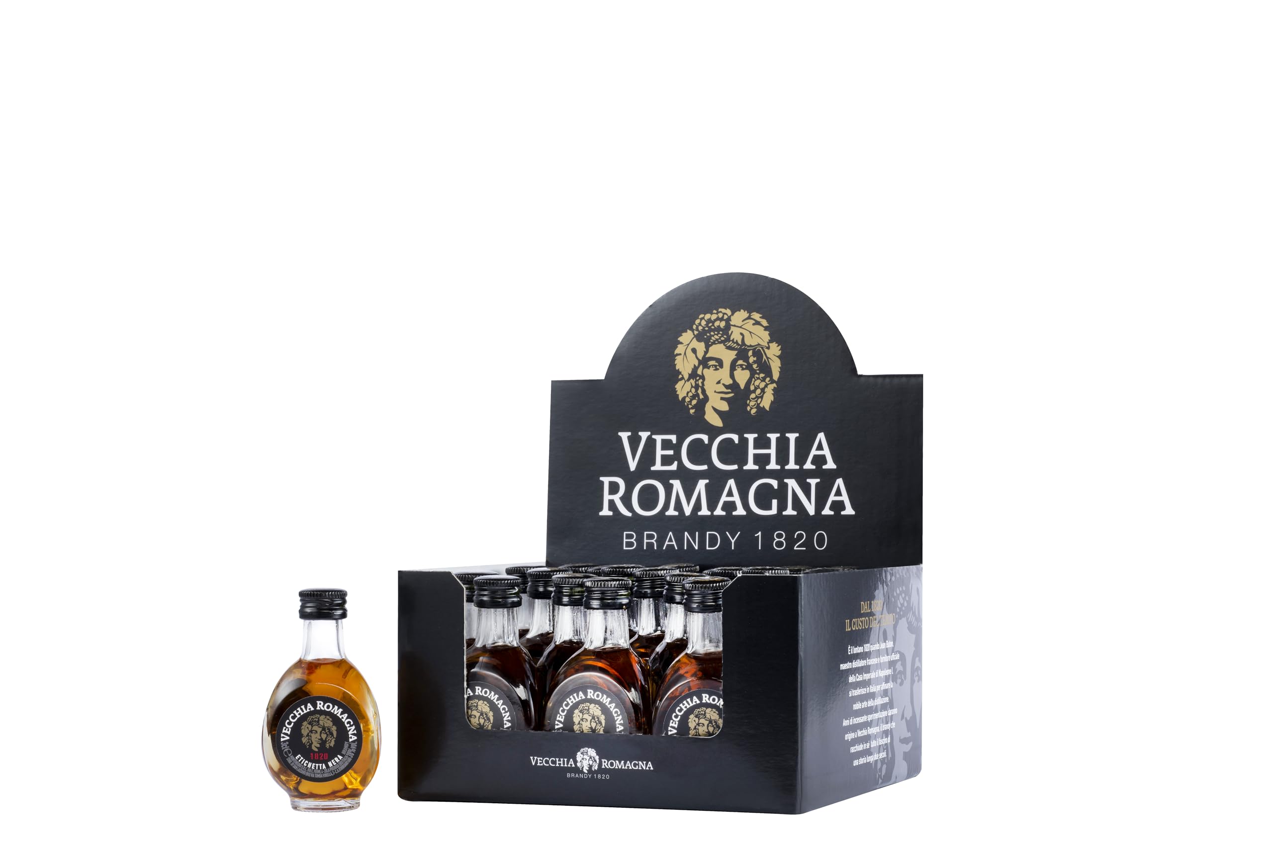 Vecchia Romagna 5 cl - Confezione da 20 bottigliette mignon - Vecchia Romagna Etichetta Nera - Idea Regalo per Feste - Vol. 38%