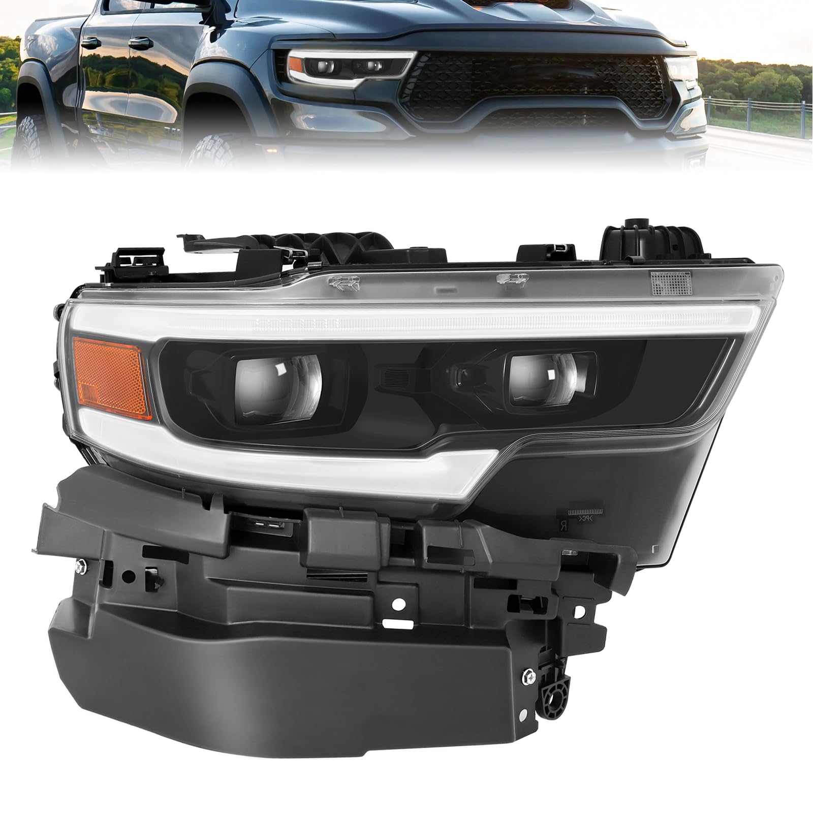 500% Brighter LED Projector Headlight Assembly with DRL Fit For 2019-2022 Dodge Ram 1500 TRX/Longhorn 2019 2020 2021 2022 Head Lamps Right Side-R