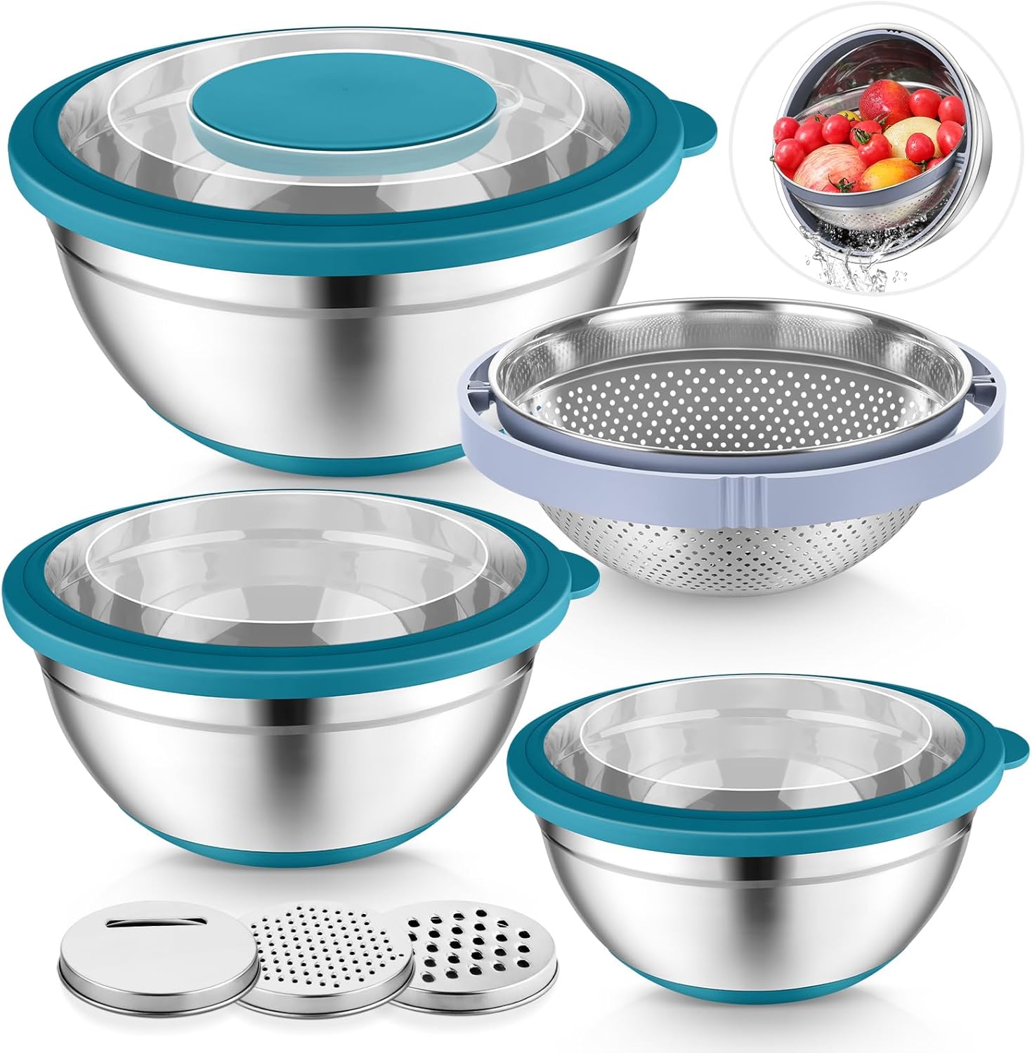 Vesteel Mixing Bowls with Lids Set of 7, Stainless Steel Nesting Bowls with Colander and 3 Graters for Draining Prepping Slicing, Nonslip Bottoms & Airtight Lid, Size 4.6, 2.6, 1.5 Qt, Blue