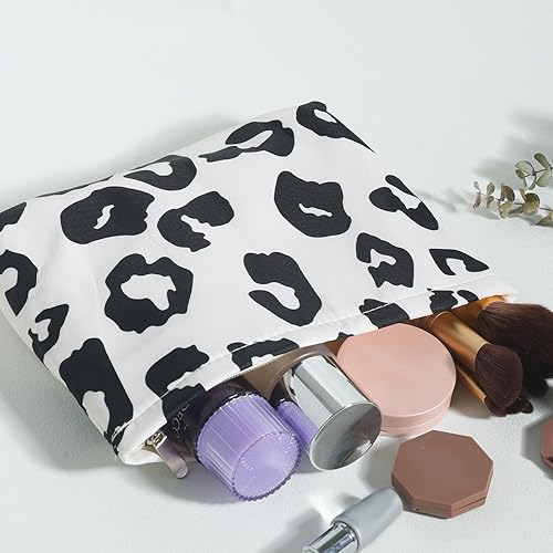 Miniatura 2 de LYDZTION Bolsa de maquillaje con estampado de leopardo beige para mujeres, bolsa de maquillaje de lona de gran capacidad, bolsa de aseo de viaje,