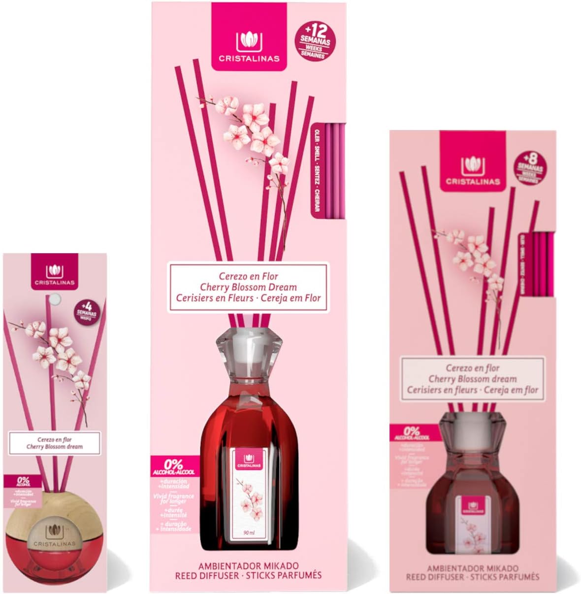 CRISTALINAS Mixed Bundle of 3 Air Freshener Reed Diffusers, Cherry Blossom Dream 20ml, 40ml and 90ml BUNDLE