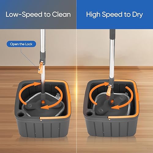 Miniatura 6 de Juego de trapeador giratorio, juego de trapeador giratorio y cubo con separación automática sucio y limpio, altura ajustable, 6 almohadillas