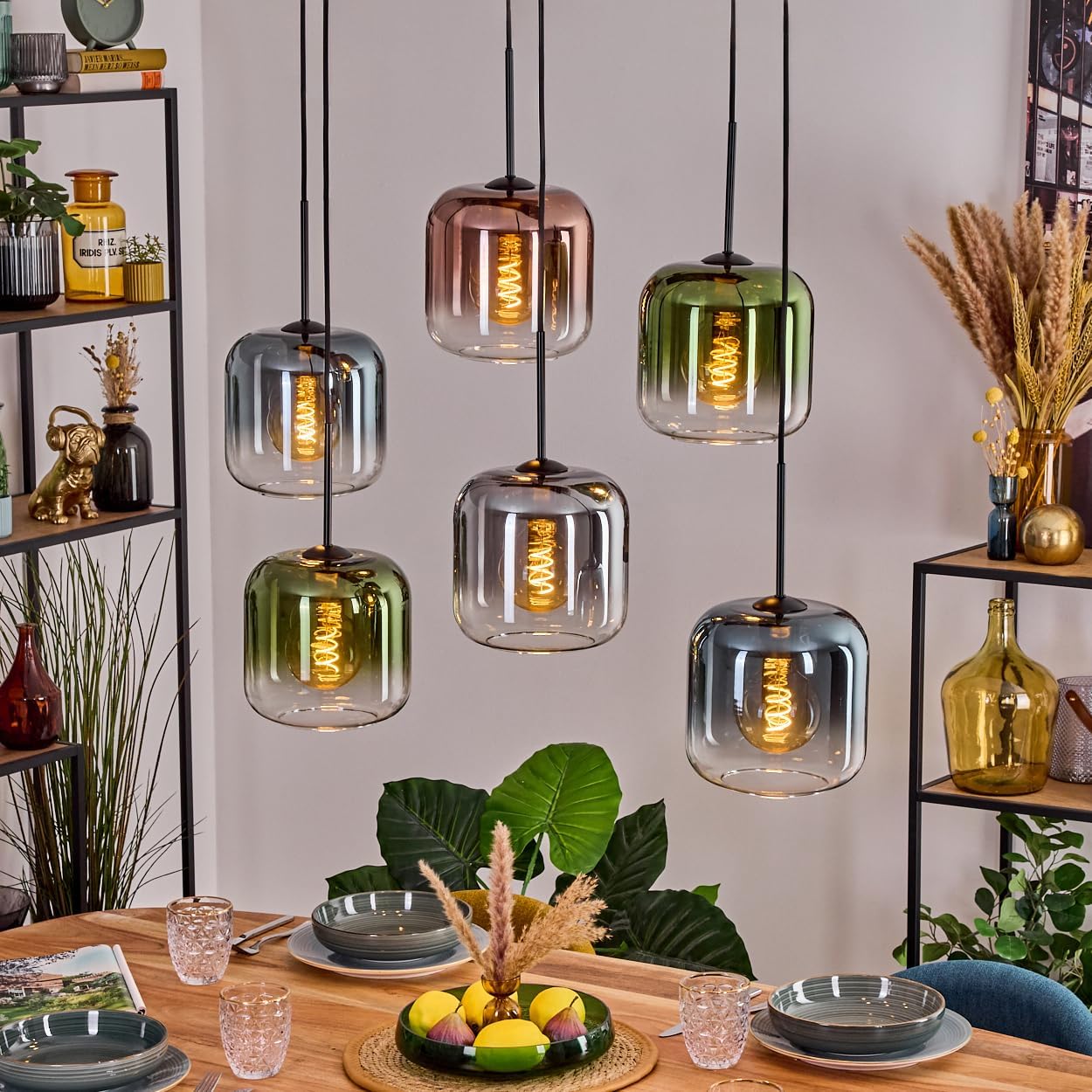 HOFSTEIN Lauden Pendant Light 6-Bulb Pendant Lamp Made of Metal/Glass in Black/Green/Blue/Copper/Smoke/Clear Modern Pendant Light in Vintage Design Shade Diameter 20 cm E27 Dining Room Kitchen