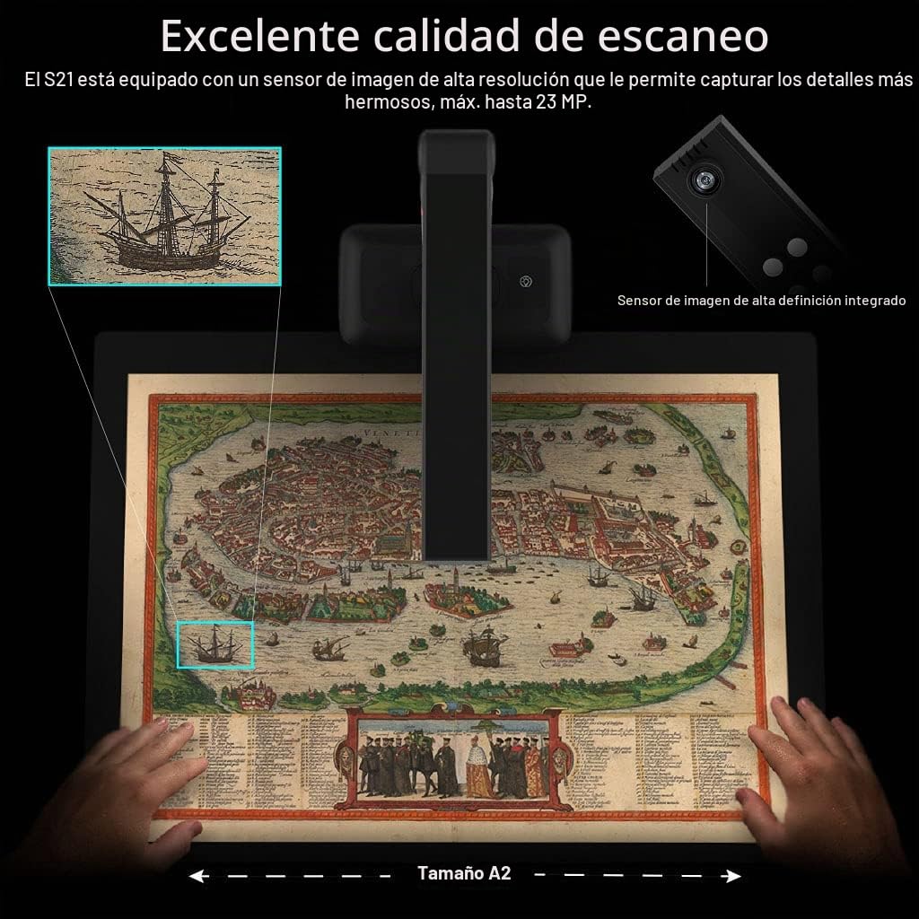 Viisan S21 Escáner de Libros y Documentos. Corrija la curvatura de Las páginas del Libro automáticamente. Capture hasta A2. Resolución de 23MP. Edición de Documentos y Software OCR. Windows&Mac