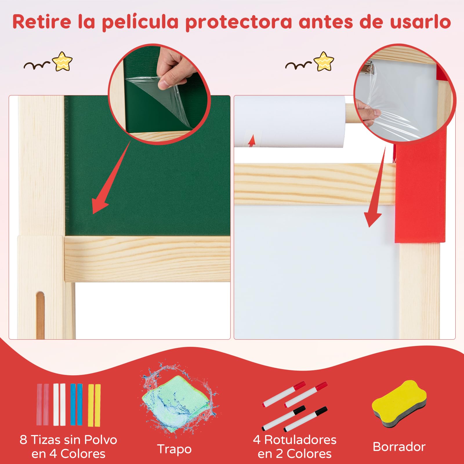 RELAX4LIFE 3 en 1 Caballete Pintura Infantil con Pizarra Magnética, Pizarra Blanca, Rollo de Papel y 56 Accesorios de Pintura, Pizarra Infantil Caballete con Altura Ajustable para Niños 3-8 Años