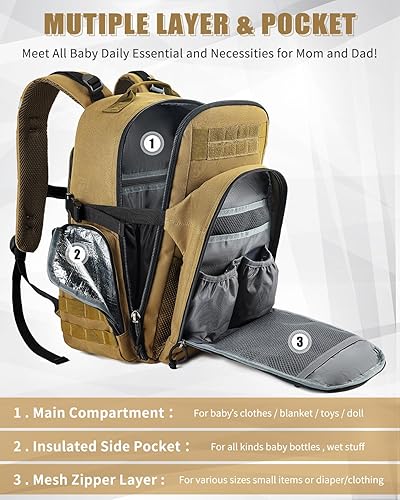 Miniatura 7 de SHARKMOUTH Mochila para pañales para papá, mochilas militares para bebé, con parches para papá, color marrón