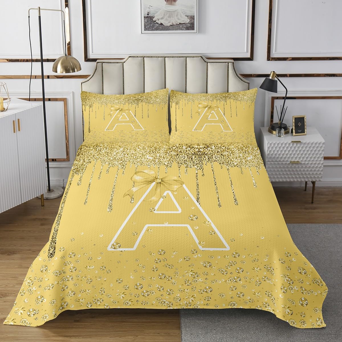 jejeloiu Bow Bedspread,King Size,Personalized Letter A Coverlet Set for Kids Boys Girls,Glitter Diamond Pattern Quilted Coverlet,Monogrammed Bedspread Cover,Bedroom Decor,Yellow