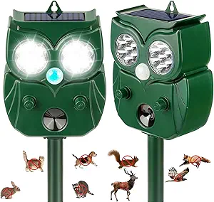 2 Pack 2026 Ultrasonic Animal Repellent Outdoor Deer Repellent Devices Solar Animal Repeller Motion Activated Deterrent to Scare Cat Squirrel Rabbit Raccoon Skunk with LED Flash Lights for Yard Lawns