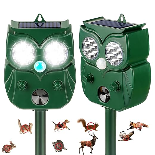 2 Pack 2026 Ultrasonic Animal Repellent Outdoor Deer Repellent Devices Solar Animal Repeller Motion Activated Deterrent to Scare Cat Squirrel Rabbit Raccoon Skunk with LED Flash Lights for Yard Lawns