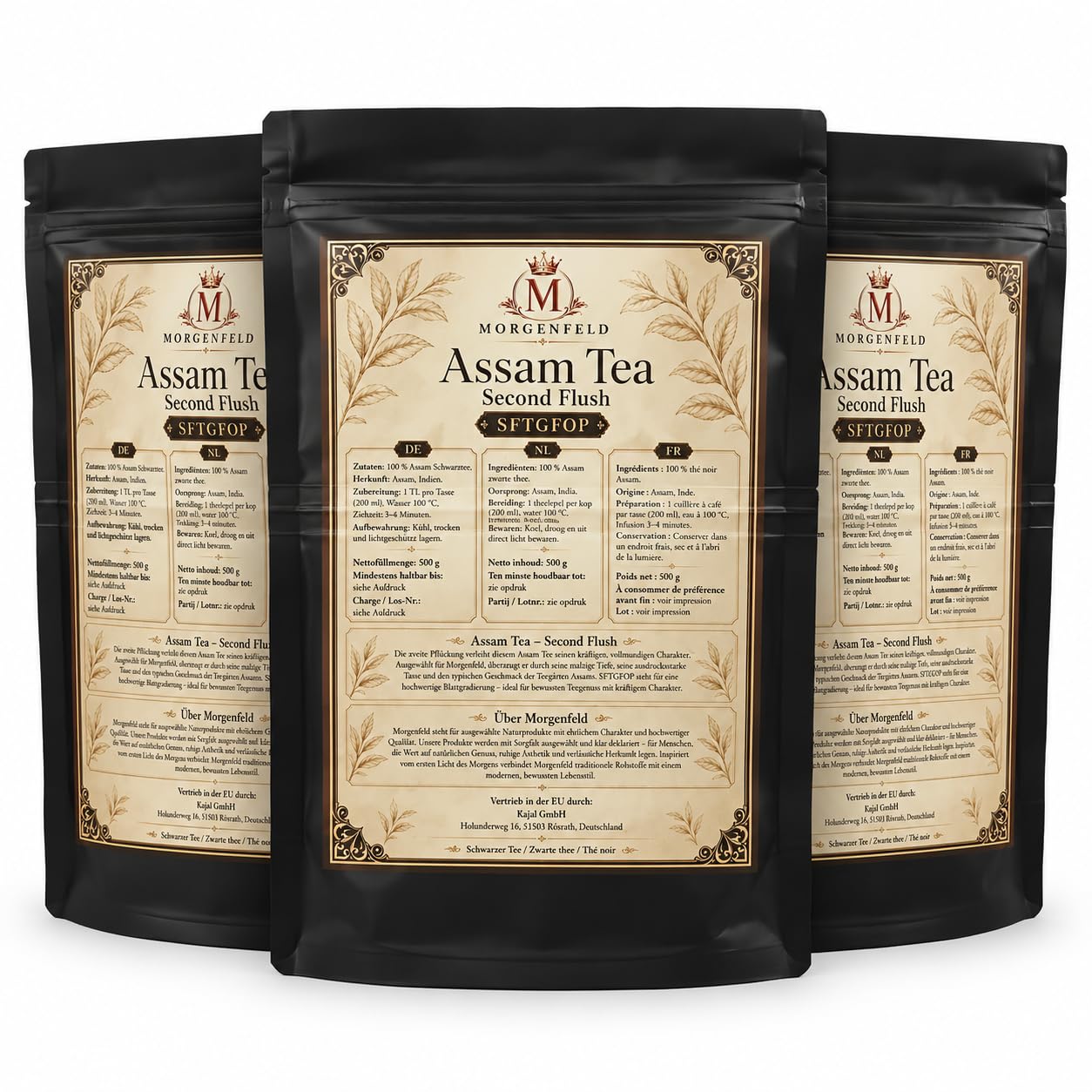 Morgenfeld Assam Tea Second Flush 3 x 500 g – Té Negro Premium SFTGFOP de Assam India, Té Suelto en Hojas Intenso & Maltoso para Tetera, Infusor, Desayuno, Merienda y Degustación met Kajal Sticker