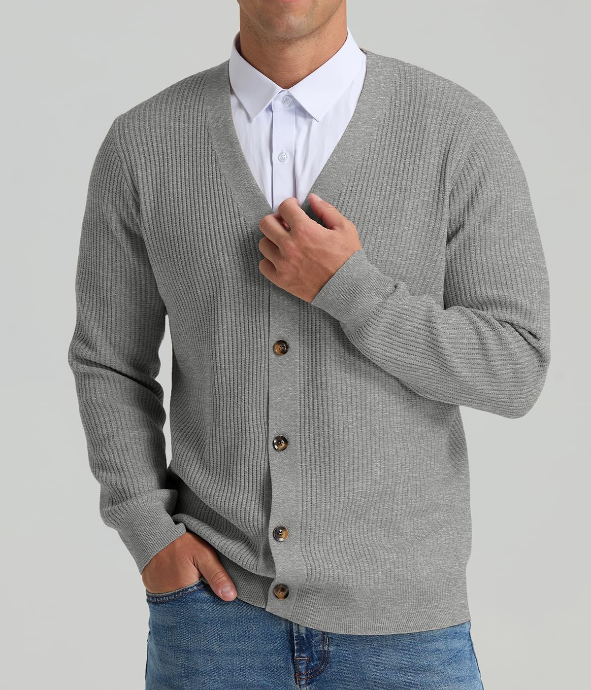 RQP Men's Cardigan Sweaters Long Sleeve V-Neck Sweaters Slim Fit Casual Buttons Down Knitted Sweaters - Image 2