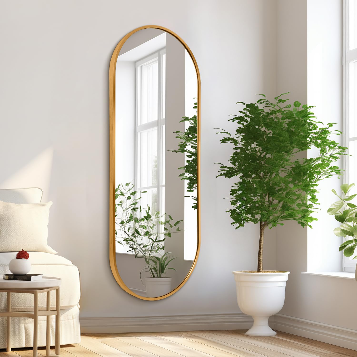 HLFMVWE Gold Oval Bathroom Full Length Mirror, 120 x 40 CM Pill Shaped Oblong Vanity Wall Mirrors, Metal Framed Capsule Aluminum Frame Decor Mirror for Living Room Vanity Bedroom Entryway