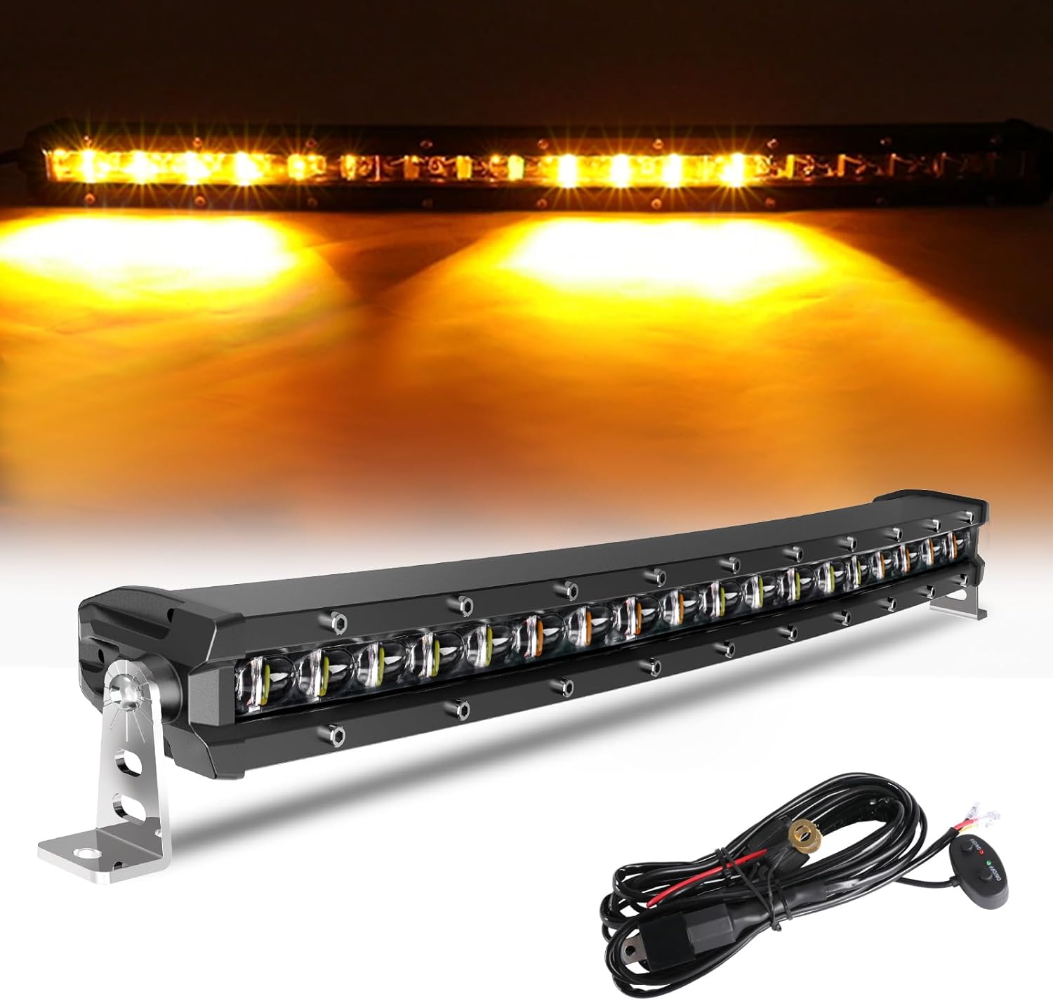 BraveWAY 20 inch LED Light Bar Curved Single Row 6500K White Driving Light White & Amber Flashing Strobe Light with 12V Wiring Harness for Off-Road Car SUV Police Truck White&Amber Strobe 20 inch