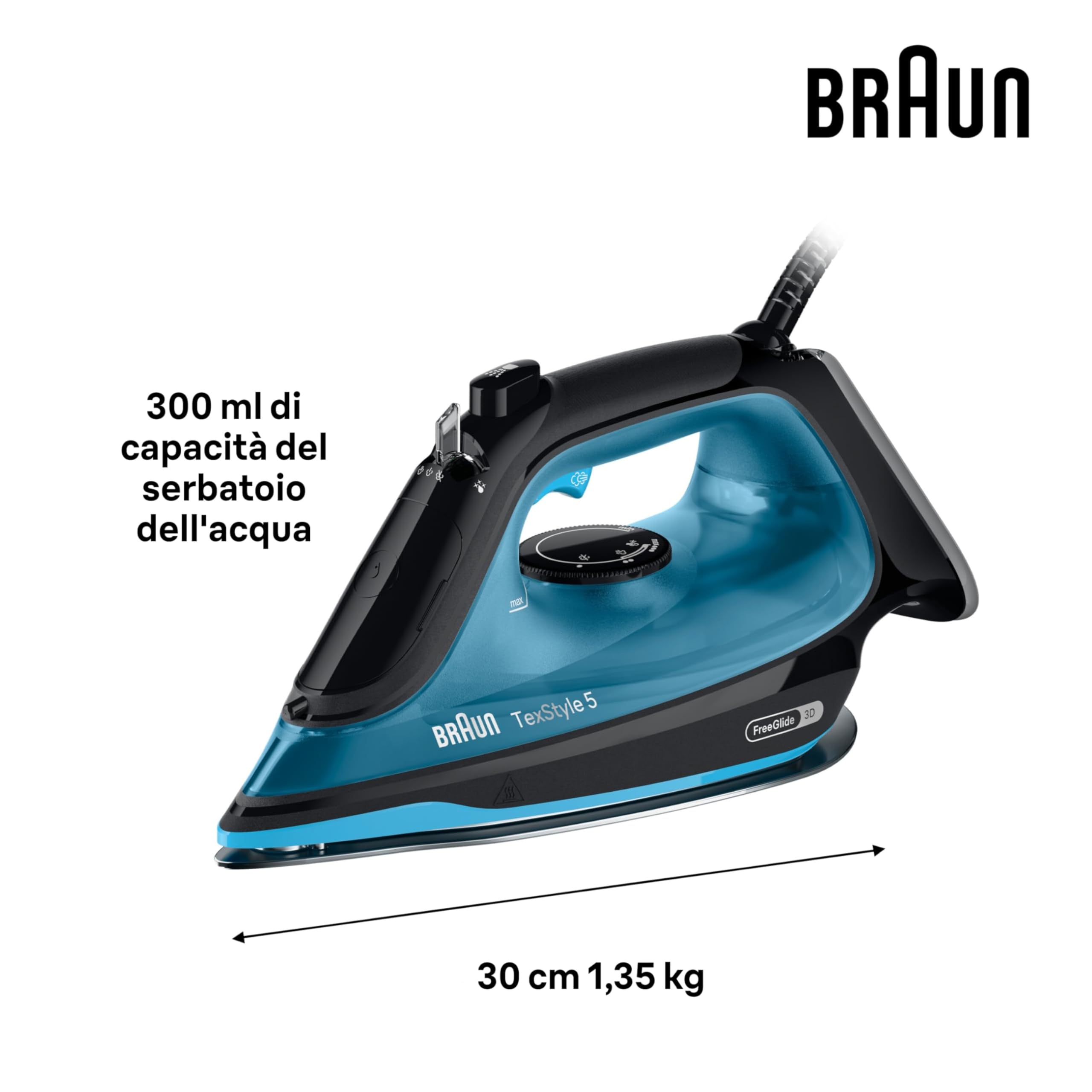 Braun TexStyle 5 SI5256BL, Ferro da Stiro con Piastra FreeGlide 3D SuperCeramic, Punta di Precisione, Manico Aperto Ergonomico, Ricarica 300ml, Sistema Antigoccia, Colpo Vapore 210 g/min, 2600W, Blu