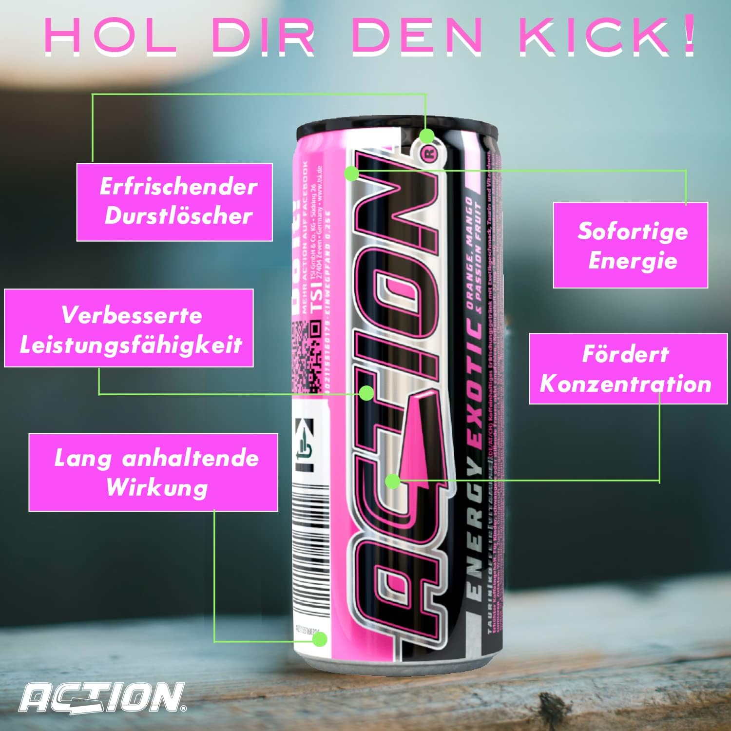 Action Energy Drink Exotic (48 x 250 ml) incluye depósito – Refresco con naranja, mango y sabor a fruta de la pasión – patata energética con mayor contenido de cafeína 32 mg/100 ml de cafeína enfoque