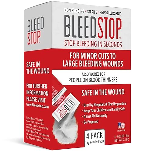 BleedStop™ First Aid Powder for Blood Clotting, Trauma Kit, Blood Thinner Patients, Camping Safety, and Survival Equipment for Moderate to Severe Bleeding Wounds or Nosebleeds - 4 (15g) Pouches - 15g (4 Pack)