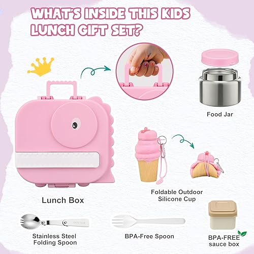 Miniatura 2 de Lonchera de dinosaurio para niños con compartimento secreto, caja Bento de 4 compartimentos + tarro de comida aislado de 12 onzas, taza de salsa a