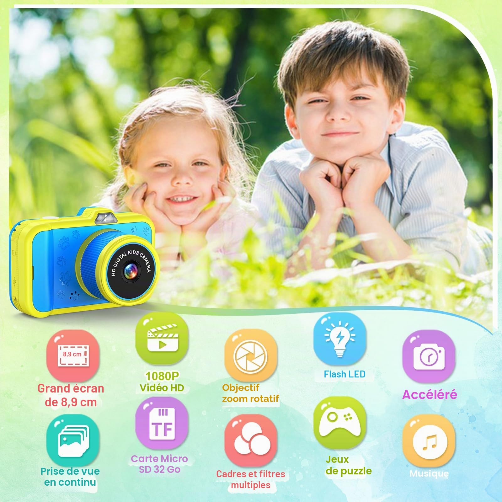 Ushining Appareil Photo Enfant, 3,5 Pouces Grand Écran 1080P Appareil Photo Numérique Enfant avec Objectif Zoom Rotatif à 360° Flash LED Carte de 32 Go, Caméra Vidéo Cadeau pour Enfants 3 à 12 Ans