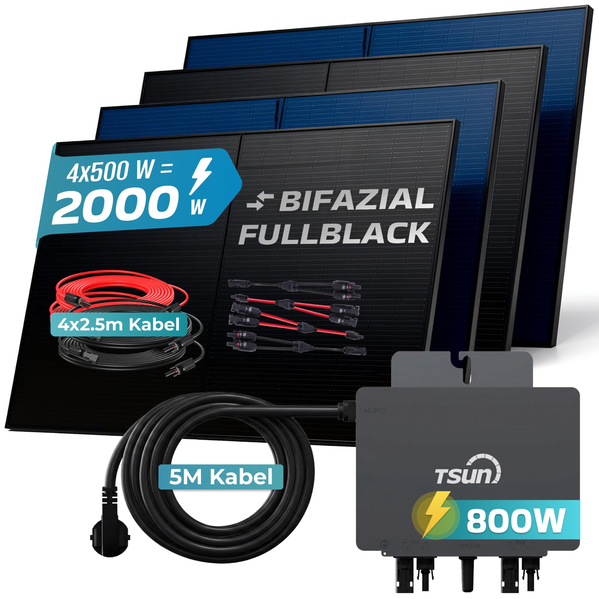 SUNNIVA® 2000W Balkonkraftwerk BIFAZIAL FULLBLACK komplett Steckdose TSUN 800 Watt Wechselrichter, Solaranlage Komplettset, 4x 500W N-Type Glas Bifacial Solarmodule, 5m Kabel & 4x 2.5m Solarkabel
