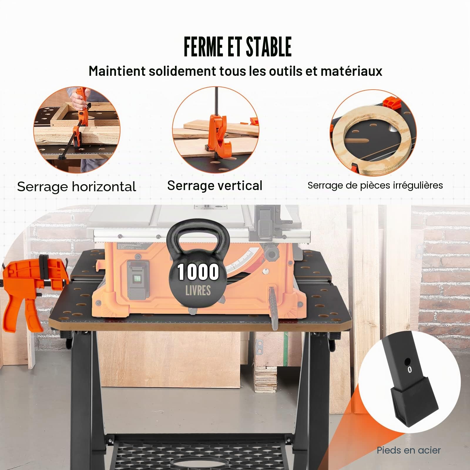 VEVOR Établi Pliant 2 en 1 Table de Travail Utilisable comme Chevalet Scie Charge 454 kg 7 Hauteurs Réglables Pieds Acier Support Outils Pince Rapide 4 Griffes Serrage 2 Crochets pour Garage Atelier